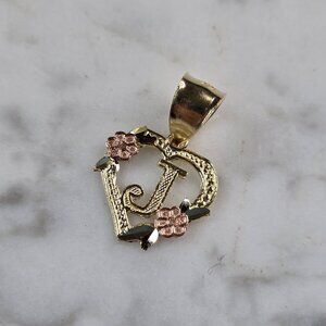 Womens 10K Yellow & Rose Gold Initial Letter " J "  Heart Pendant 0.9g E6256